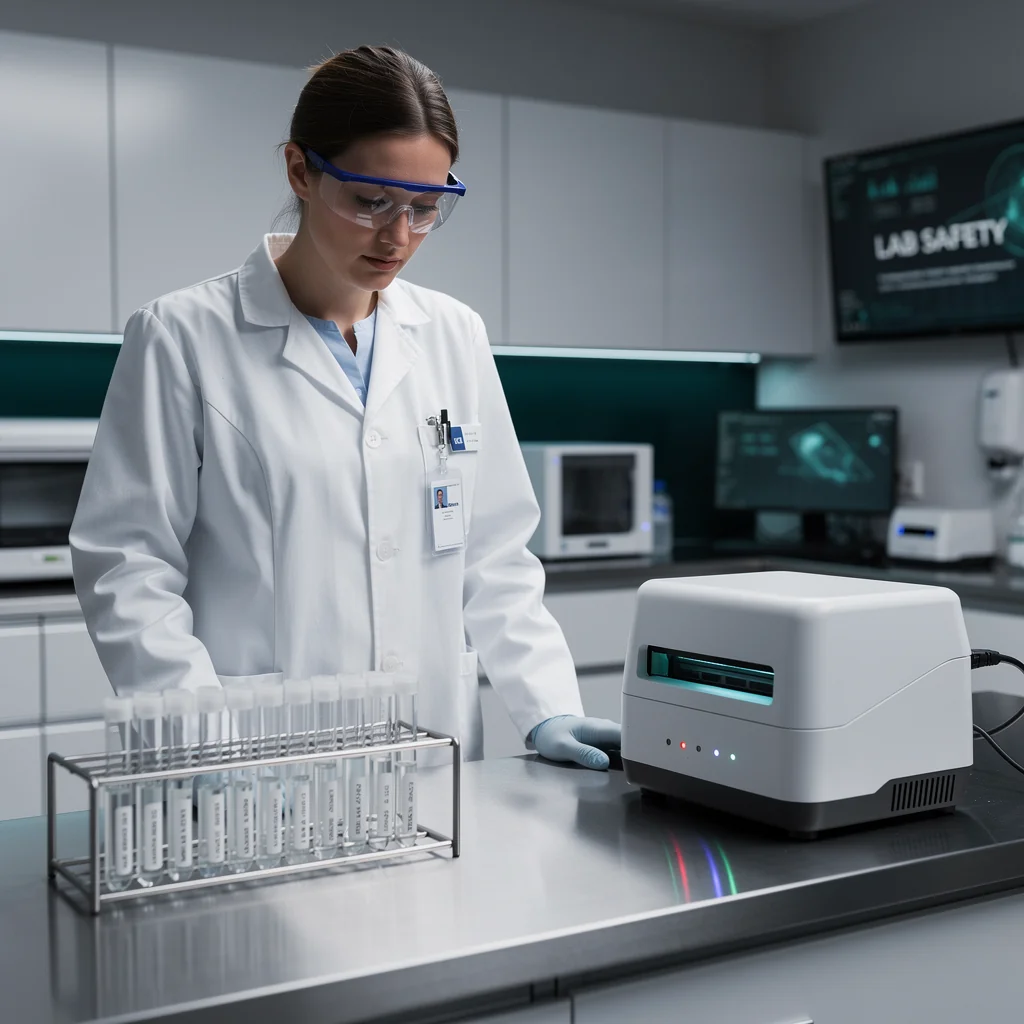 Laboratory technician scanning batch barcode on glass vial